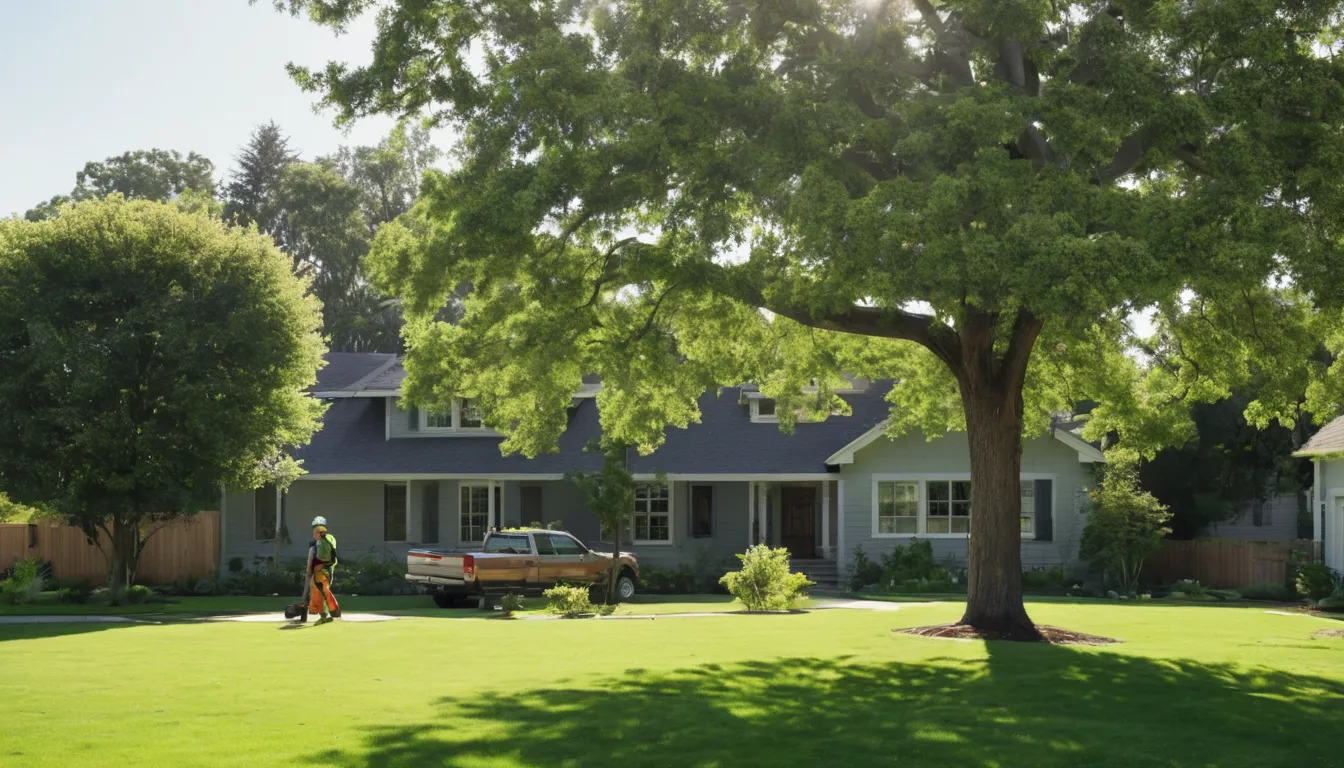 A local tree removal provider cutting a large tree in a residential yard in Kirtland
